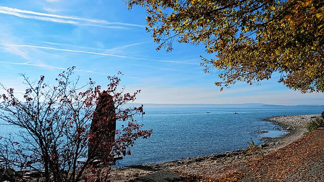 Blick auf den See mit zwei Kanufahrern bei Hagnau