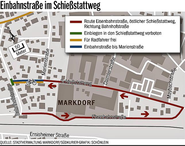 Einbahnstraße im westlichen Schießstattweg. Ausschließlich Radfahrer dürfen von der Bahnhofstraße in den Schießstattweg einbiegen.
