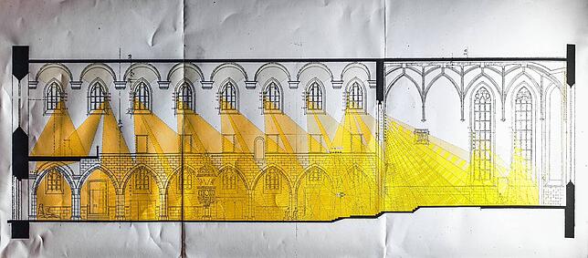 Zeichnung von Lichtdesigner Charles Keller, die die künftige Beleuchtung im Kirchenschiff deutlich macht.