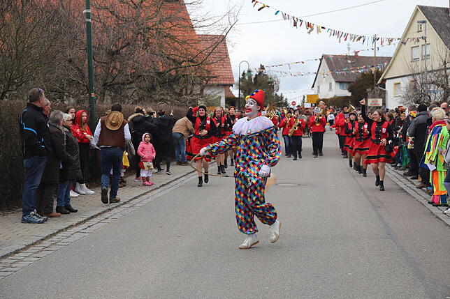 Angeführt wurde der bunte Narrensprung vom Aach-Linzer Bajass, gefolgt von den Festdamen und der Musikapelle.