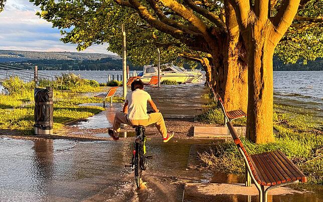 Ein Radfahrer im Juni 2024, der die Mole entlangfährt.