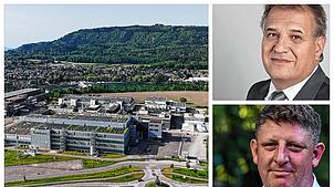 In Stein soll das Reservekraftwerk bei Novartis zu stehen kommen. Die Gemeindeammänner Stefan Grunder (Eiken, oben) und Beat Käser ...