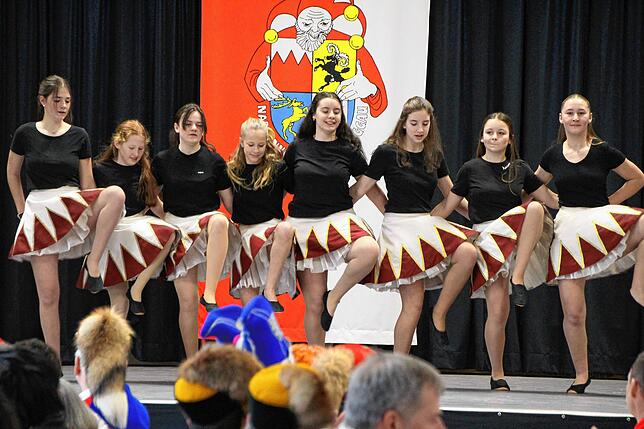 Die mittlere Gardegruppe beim Zunftmeisterempfang des 41. Kleggau-Narrentreffens in Eggingen.