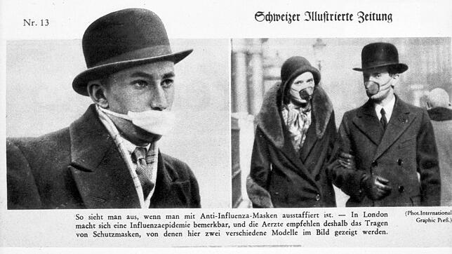 Ein Schweizer Zeitungsausschnitt zeigt, wie Menschen sich in London vor der Spanischen Grippe schützten.