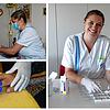 Nadja Götz (in Großaufnahme rechts) mag ihren Job in der Pflege, auch wenn er anstrengend ist. Auf dem oberen linken Bild wickelt sie ...