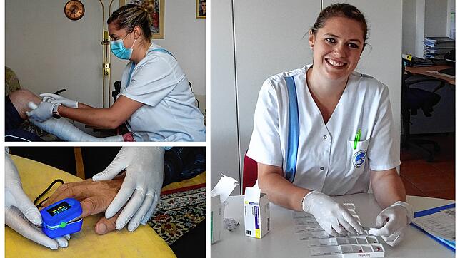 Nadja Götz (in Großaufnahme rechts) mag ihren Job in der Pflege, auch wenn er anstrengend ist. Auf dem oberen linken Bild wickelt sie ...