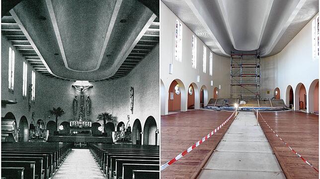 Der Innenraum der Stockacher Kirche St. Oswald im Jahr 1936 (links) und heute.