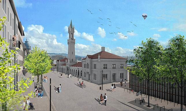 (Archivbild) Diese Visualisierung aus dem Frühjahr 2023 zeigt, wie grün der Bahnhofvorplatz nach dem Umbau sein soll. Die ersten Bäume ...
