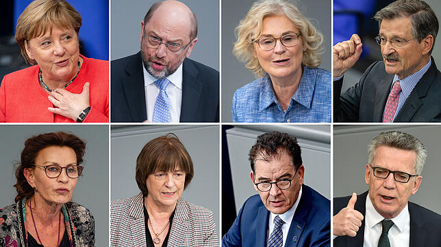 Sie alle werden im Bundestag fehlen (l.o. im Uhrzeigersinn): Bundeskanzlerin Angela Merkel (CDU), Martin Schulz (SPD), Christine ...