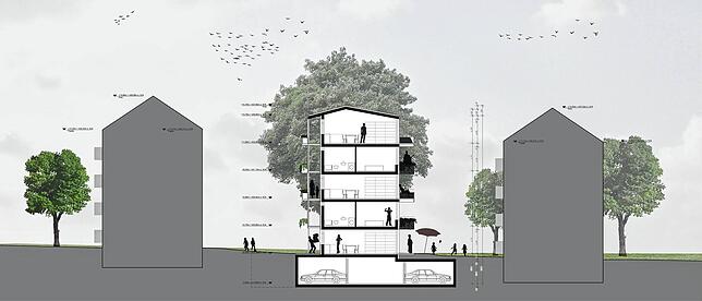 Im Querschnitt wird deutlich, dass die Abstände zwischen den Bestandsgebäuden und dem Neubau gering sind. Von Balkon zu Balkon sind es ...