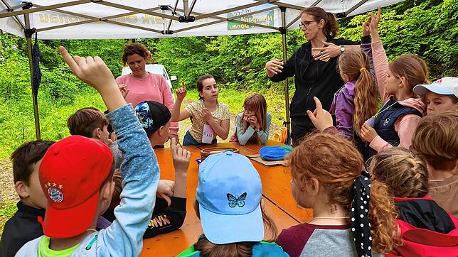 Die Kinder der Naturparkschule Inzigkofen beim Aktionstag in Beuron. Rechts hinten Waldpädagogin Nina Hainzel von der Waldschule ...