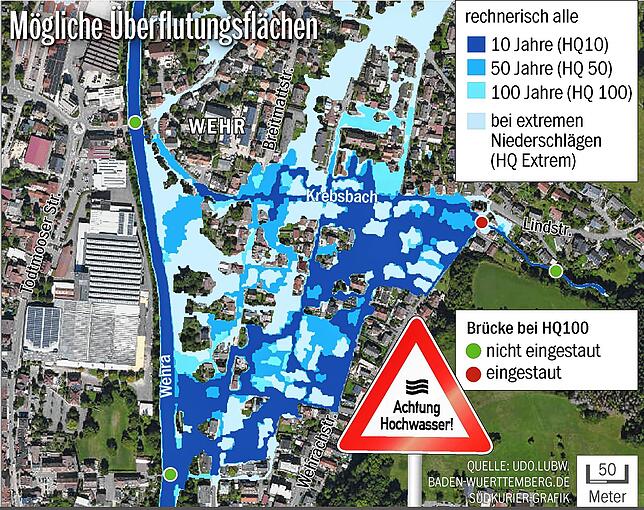 Die Überflutungsgefahr am Beispiel des Krebsbachs, der große Teile des Wohngebiets Breitmatt überspülen könnte.