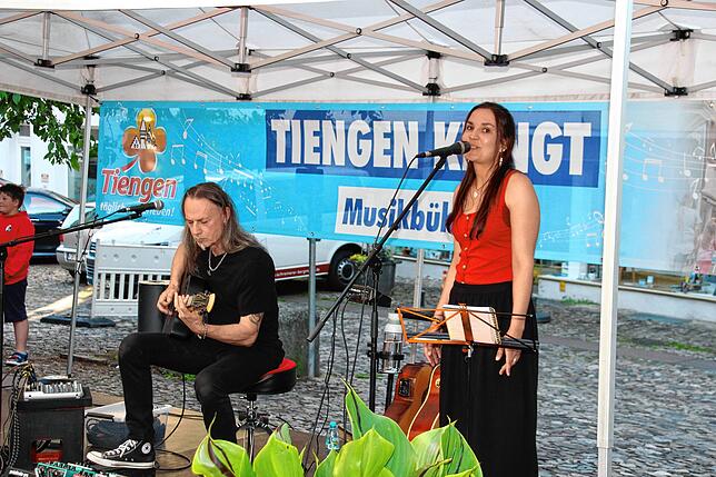 Das Duo Bran verzauberte die Besucher mit Gitarre und Gesang an der Treppe zur Weihergasse.