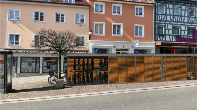 So könnte eine Sharing-Garage für E-Bikes und Lastenräder mit Auflademöglichkeit in der Stockacher Oberstadt, vor dem alten Forstamt ...