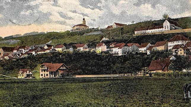 So sah es einst aus: Der Stühlinger Stadtweg, am Hang Kapuzinerkloster und auf dem Berg das Schloss Hohenlupfen, auf der Wiese befindet ...
