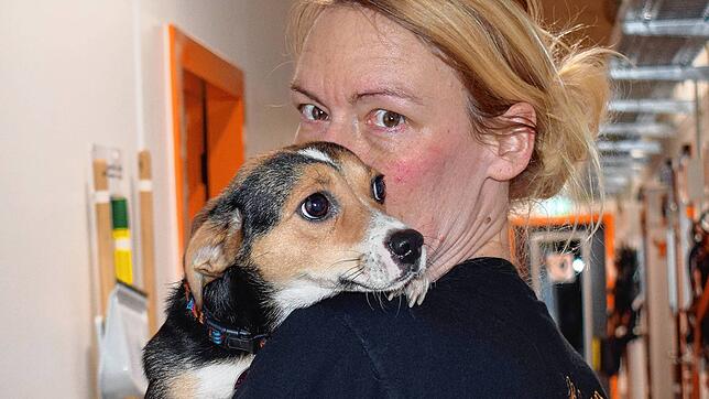Eine andere Art des &bdquo;Mund-Nasenschutzes&ldquo; in Zeiten von Corona: Die Leiterin des Kreistierheims, Nadine Vögel, und Hund Jenny.