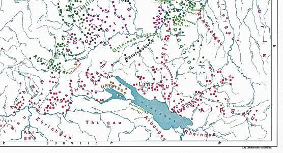 Im historischen Atlas Baden-Württembergs zeigt eine Karte die Bezirksnamen des 8. bis 12. Jahrhunderts. Orte, die in Urkunden aus dieser ...