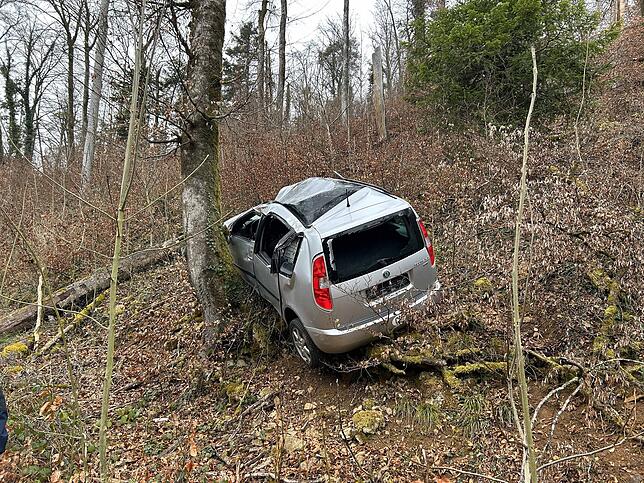 Eine Frau hat ihr Auto nach einem Unfall bei Ueken (Kanton Aargau) im Wald zurückgelassen.