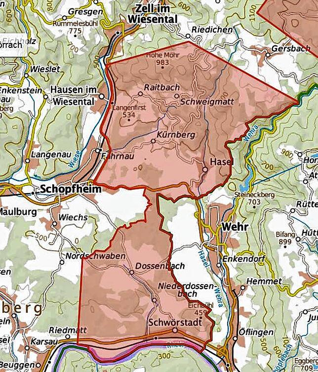 Geflügelpest: Sperrgebiete (rot) und Beobachtunggebiet (blau) im Landkreis Lörrach (Stand der Information:2. April 2021).