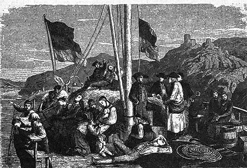 Holzstich aus Mitte des 19. Jahrhunderts. Deutsche Auswanderer zog es damals den Rhein hinab auf dem Weg nach Amerika.