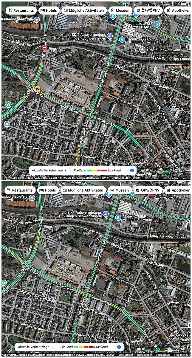 Der Berufsverkehr um 8 Uhr: oben am 7. Januar, unten am 25. März.