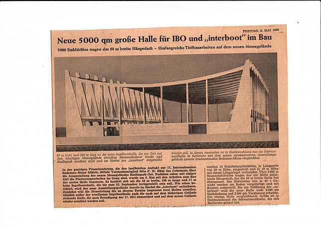 Ein Zeitungsausschnitt von 1968 berichtet über den Bau der neuen Messehalle am Riedlepark in Friedrichshafen.