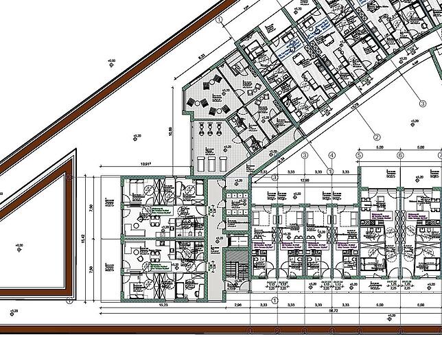 Ausschnitt aus dem Grundriss des ersten Obergeschosses: Im grünen Bereich sind Funktionsräume vorgesehen, die gemeinsam genutzt werden – ...