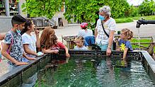 Bei der Märchenführung mit Hannelore Haaf (2. von rechts) trafen (von links) Xhafer, Lena, Isabel, Johannes, Anna und Maria am Brunnen ...