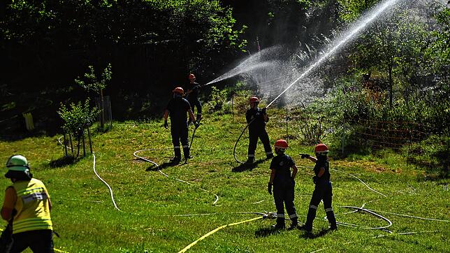 Einen fiktiven Buschbrand bekämpfen die Nachwuchsleute der Feuerwehr. Dabei führt der Gremmelsbach nur wenig, das wichtige nasse wird ...