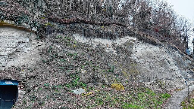 Direkt vor der Brauerei Ruppaner ist bei genauem Hinsehen ein Netz über dem Sandsteinfelsen zu erkennen. Ein solches Netez soll auch auf ...