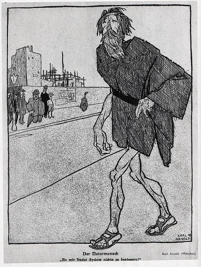 „Der Naturmensch“ in einer zeitgenössischen Karikatur. Darunter steht „An mir findet Sydow nichts zu besteuern“.