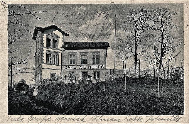 Eine Postkarte aus der Sammlung von Clemens Schäfle aus dem August 1928, die das ehemalige Café Weinburg zeigt.