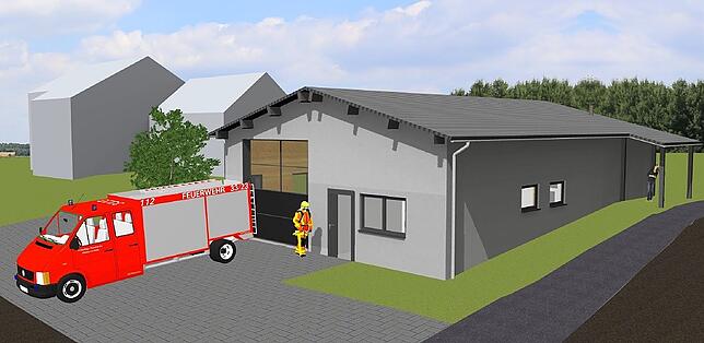 So soll das neue Gerätehaus der Feuerwehr Unterbränd aussehen. Links der Teil, in dem das neue Fahrzeug untergebracht sein wird. Im ...