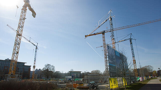Die Kräne an der Baustelle für das geplante Tagungszentrum Maxx-e-motion und Hotel an der Reichenaustraße stehen. Vorläufig drehen sie ...