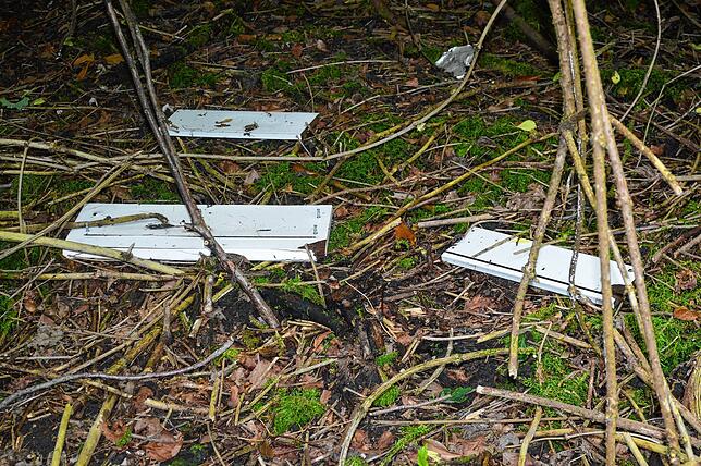 Auch nach zwei Wochen liegen immer noch Holzreste von Möbeln im Wald neben dem Panoramaweg.