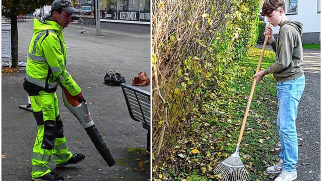 Laubbeseitigung im öffentlichen Raum in Bad Säckingen mit einem Laubbläser (links) und dem Rechen im eigenen Garten.