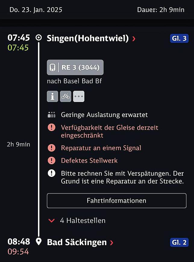 Normalerweise brauchen Pendler mit dem Regional-Express von Singen nach Bad Säckingen rund eine Stunde. Beispielsweise am 23. Januar war ...