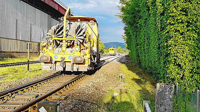 Für die Gleisbauarbeiten am Bahnhof Lauchringen sind eine Gleisstopfmaschine und ein Schotterpflug im Einsatz.
