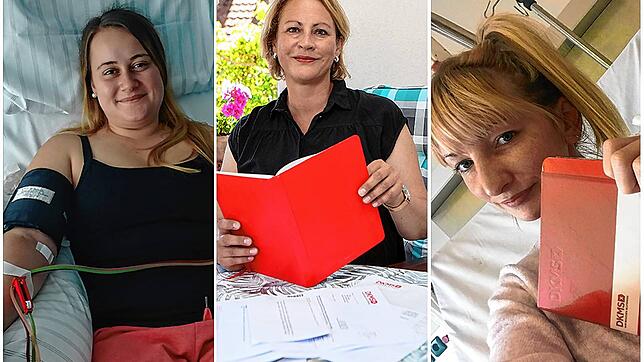 Drei von 100.000 Spendern, die an Leukämie erkrankten Menschen das Überleben möglich machten. Von links: Tanja Rebmann bei der Spende im ...