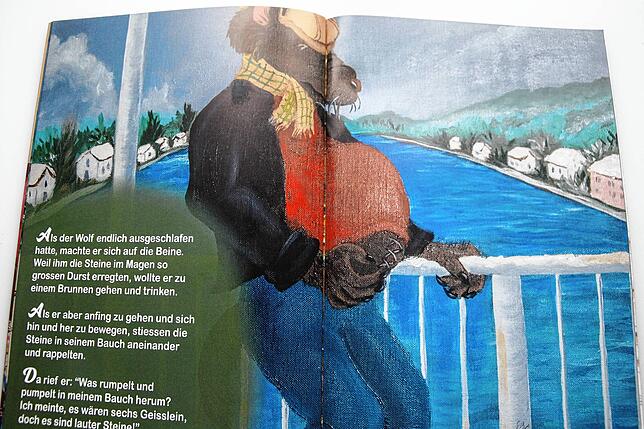 Der Wolf auf der Steiner Rheinbrücke gemalt von Elena Brito Gonzales.