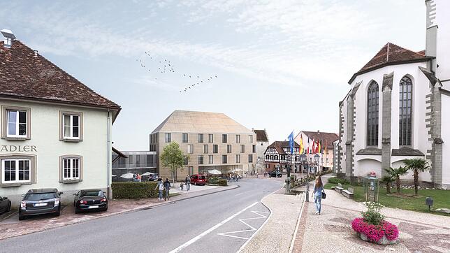 So sieht der erste Entwurf einer Hotelstudie anstelle des Rathauses aus. Architektonisch ist er sehr stark an das bestehende Rathaus ...