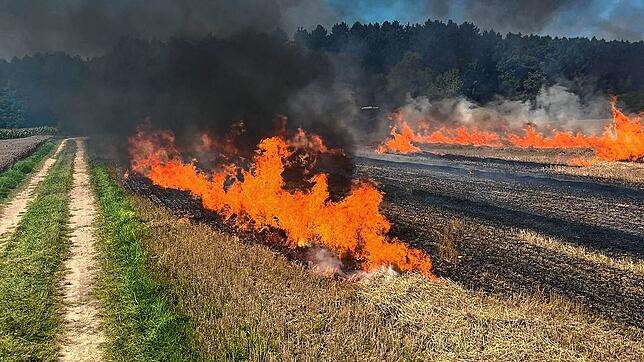 Am Montag, 11. August, löscht die Feuerwehr Meßkirch mit der Abteilung Rohrdorf diese brennenden Strohschwaden.