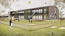 Hellgraues Holz und farbig gestrichene Lamellen prägen die Außenansicht des neuen Kindergartens in Zimmern. Auch ein Holzzaun ist für ...