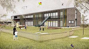 Hellgraues Holz und farbig gestrichene Lamellen prägen die Außenansicht des neuen Kindergartens in Zimmern. Auch ein Holzzaun ist für ...