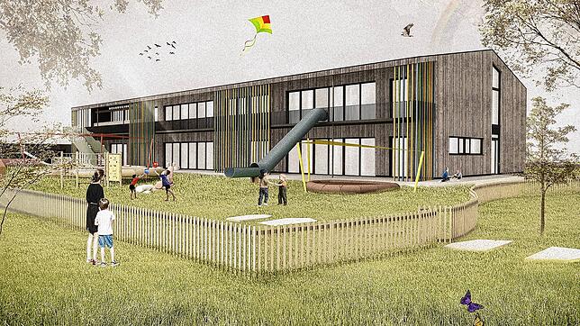 Hellgraues Holz und farbig gestrichene Lamellen prägen die Außenansicht des neuen Kindergartens in Zimmern. Auch ein Holzzaun ist für ...