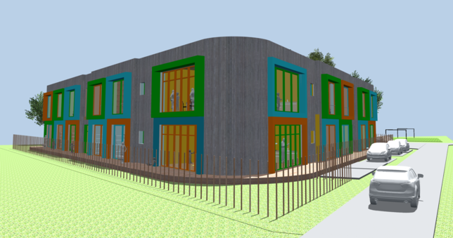 Viel Holz und sehr bunt: Architekt Wolfgang Hugo schlägt eine Holzbauweise mit Fenster in den Farben der Schule vor. Diese stoßen nicht ...