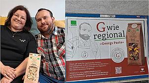 Georg Schönberger hat mit seiner Lebensgefährtin Hannah Müller Georgs Genussmanufaktur gegründet. Mit Plakaten, wie hier rechts an der ...