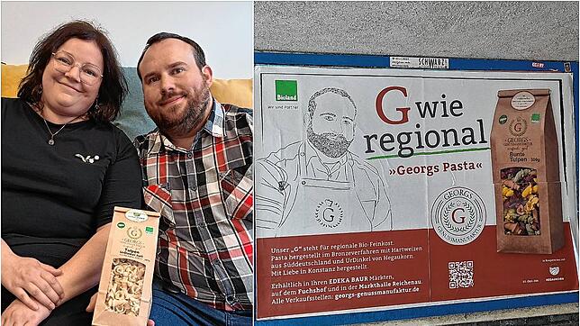 Georg Schönberger hat mit seiner Lebensgefährtin Hannah Müller Georgs Genussmanufaktur gegründet. Mit Plakaten, wie hier rechts an der ...