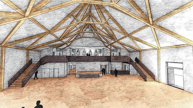So sieht der Entwurf für die neue Scheffelhalle aus: Das kunstvolle Tragwerk soll aus Baubuche entstehen, Leuchten sollen im Saal nicht ...