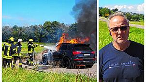 Das Auto von Mirno DiPirro geriet bei der Fahrt auf Lottstetter Gemarkung in Brand. Die Feuerwehr Lottstetten löschte den Audi mit vier ...